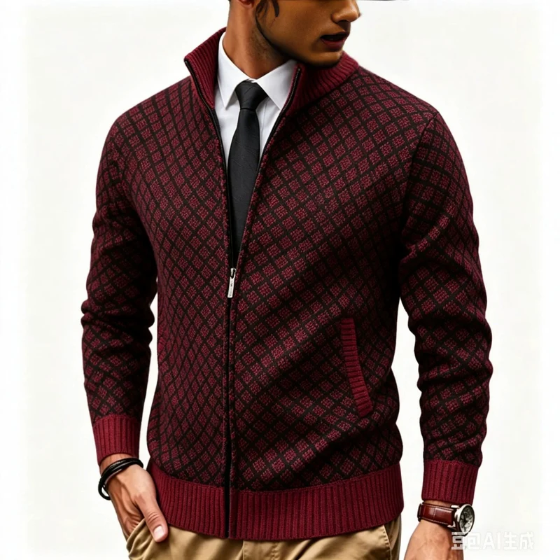 Herren Strukturierte Strickjacke mit Stehkragen und Diamant-Jacquard Drune
