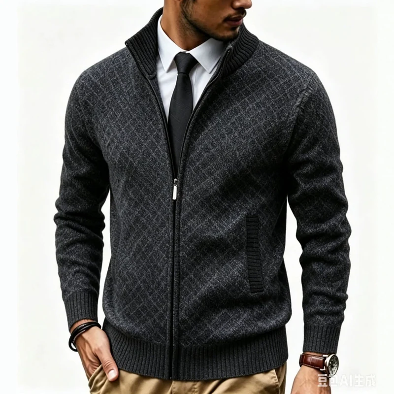 Herren Strukturierte Strickjacke mit Stehkragen und Diamant-Jacquard Drune