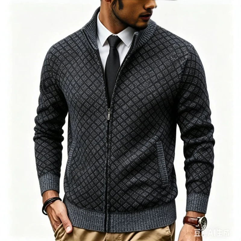 Herren Strukturierte Strickjacke mit Stehkragen und Diamant-Jacquard Drune