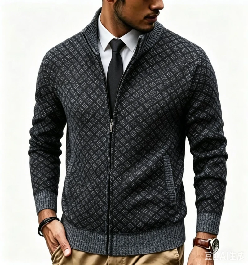 Herren Strukturierte Strickjacke mit Stehkragen und Diamant-Jacquard Drune
