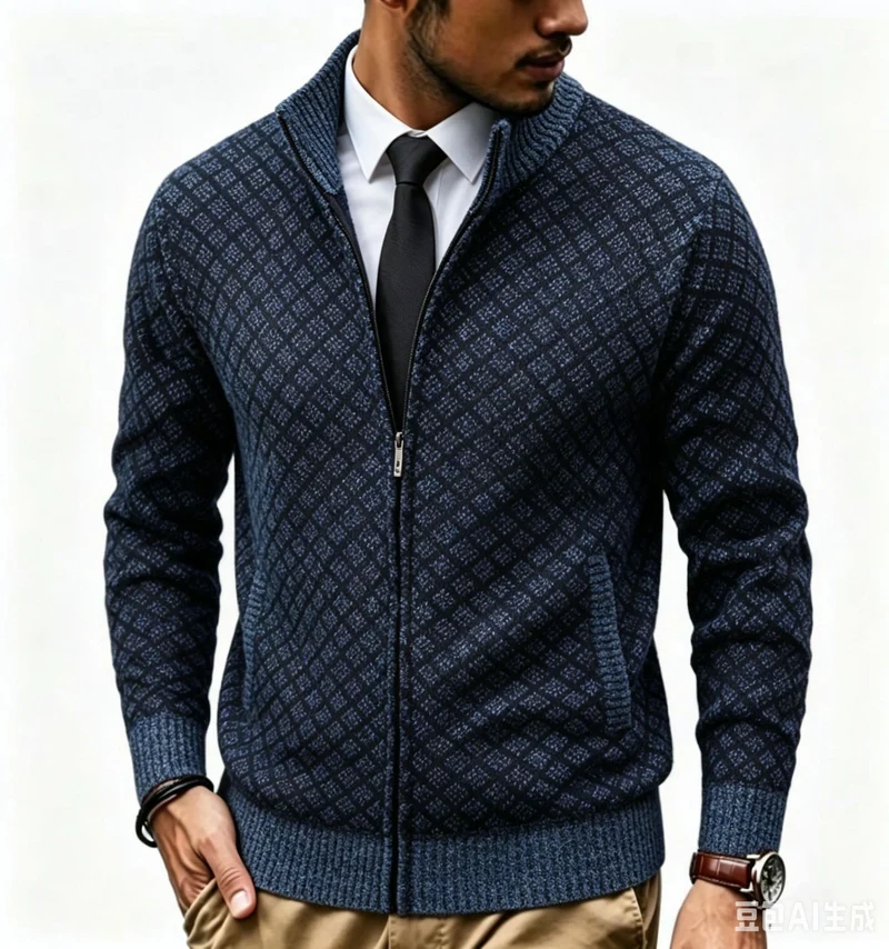 Herren Strukturierte Strickjacke mit Stehkragen und Diamant-Jacquard Drune