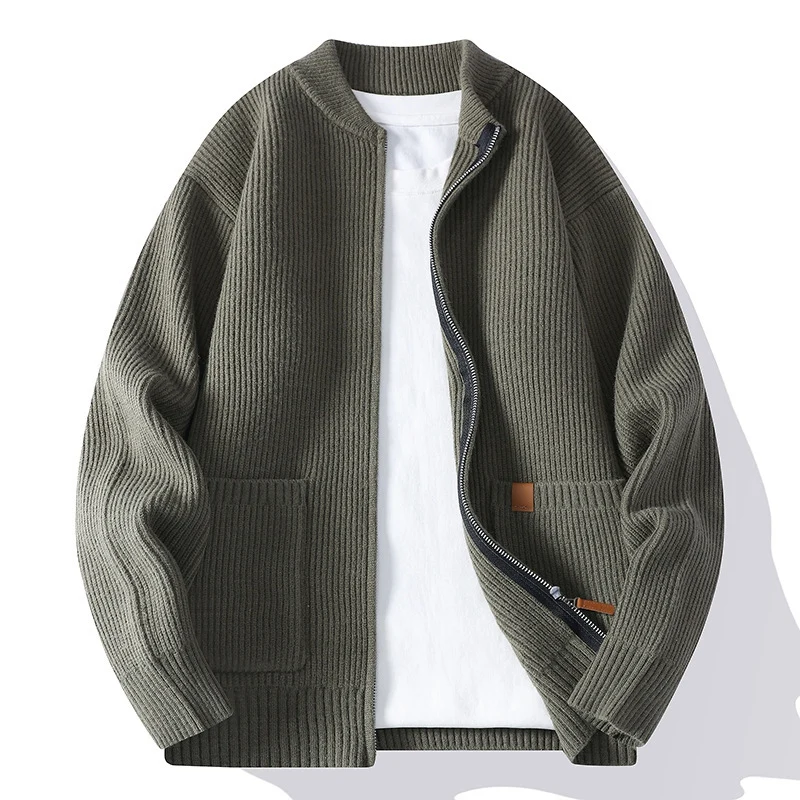 Herren Strukturierte Bomber-Strickjacke mit durchgehendem Metallreißverschluss und aufgesetzten Taschen Drune