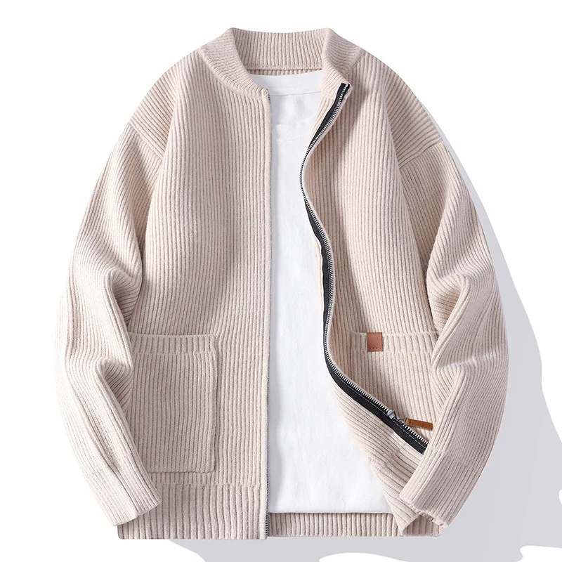 Herren Strukturierte Bomber-Strickjacke mit durchgehendem Metallreißverschluss und aufgesetzten Taschen Drune