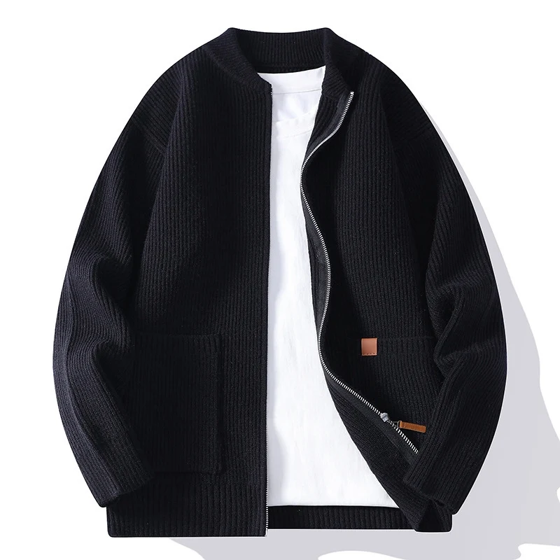 Herren Strukturierte Bomber-Strickjacke mit durchgehendem Metallreißverschluss und aufgesetzten Taschen Drune