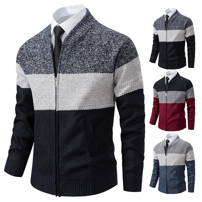Herren Strukturierte Blockstreifen‑Strickjacke mit Frontzip, Stehkragen und Eingrifftaschen Drune