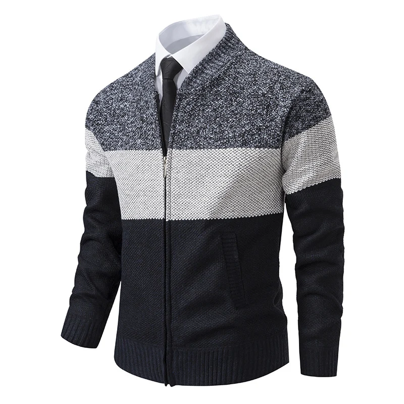 Herren Strukturierte Blockstreifen‑Strickjacke mit Frontzip, Stehkragen und Eingrifftaschen Drune