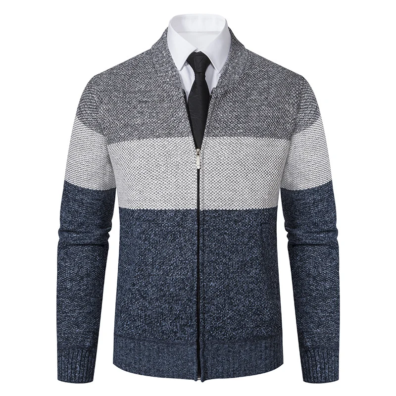 Herren Strukturierte Blockstreifen‑Strickjacke mit Frontzip, Stehkragen und Eingrifftaschen Drune