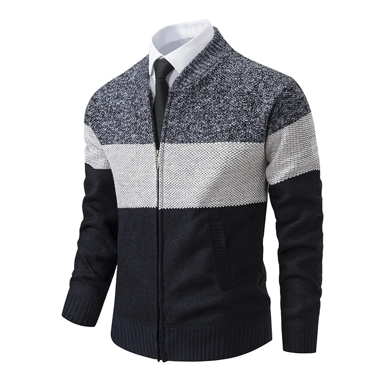 Herren Strukturierte Blockstreifen‑Strickjacke mit Frontzip, Stehkragen und Eingrifftaschen Drune