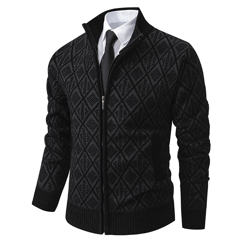 Herren Strickzipjacke mit Rautenmuster, Stehkragen und durchgehendem Reißverschluss Drune