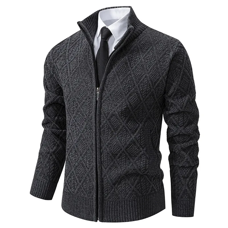 Herren Strickzipjacke mit Rautenmuster, Stehkragen und durchgehendem Reißverschluss Drune