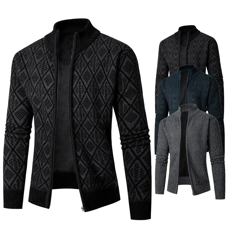 Herren Strickzipjacke mit Diamantjacquard, Stehkragen und Zweiwege-Reißverschluss Drune