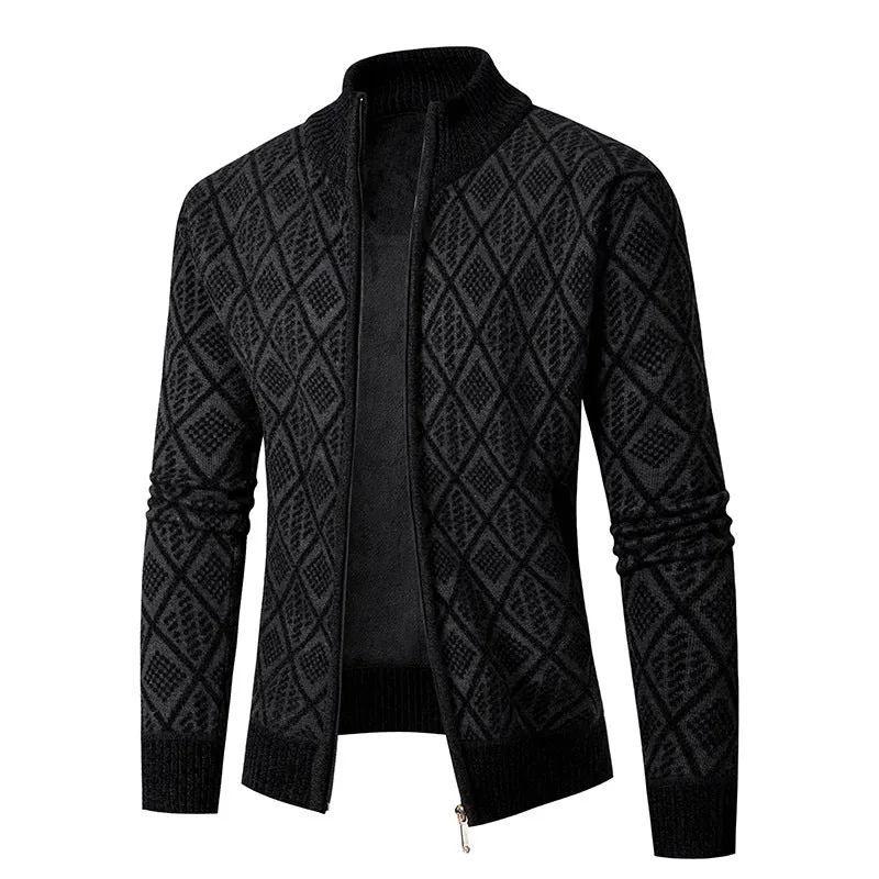 Herren Strickzipjacke mit Diamantjacquard, Stehkragen und Zweiwege-Reißverschluss Drune