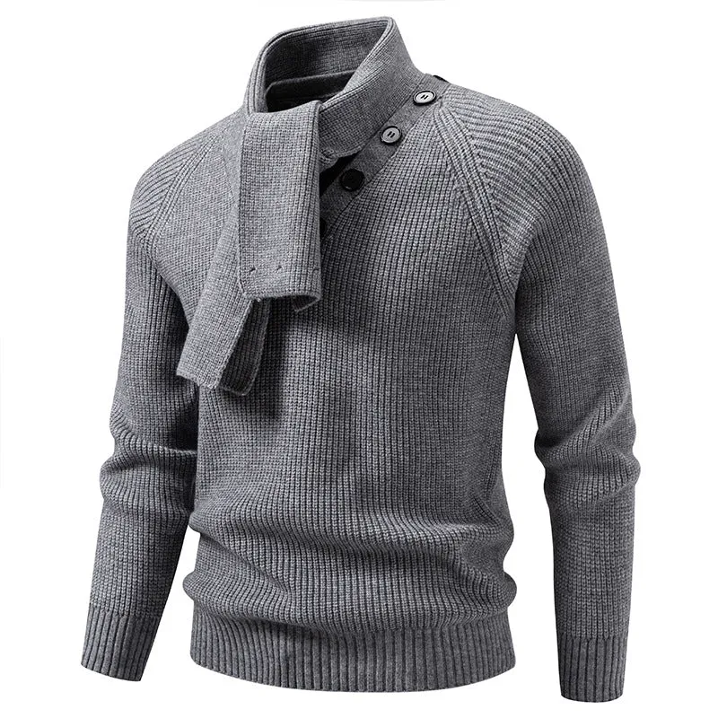 Herren Strickpullover mit integriertem Schlauchkragen-Schal und Knopfdetail Drune