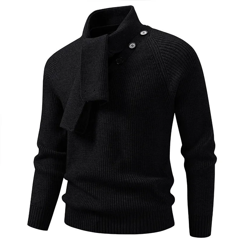 Herren Strickpullover mit integriertem Schlauchkragen-Schal und Knopfdetail Drune