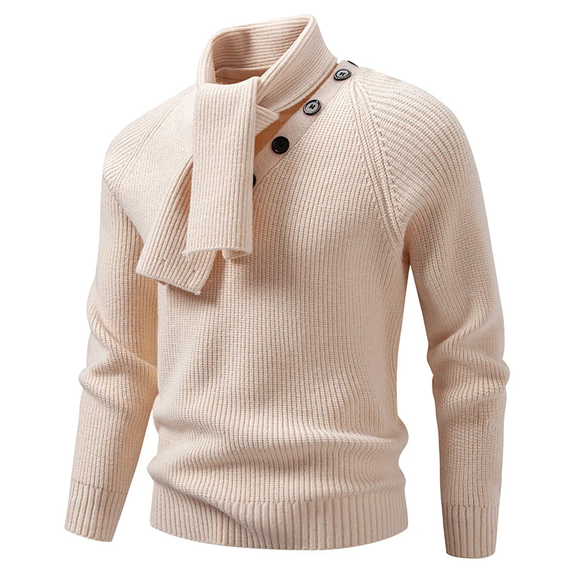 Herren Strickpullover mit integriertem Schlauchkragen-Schal und Knopfdetail Drune