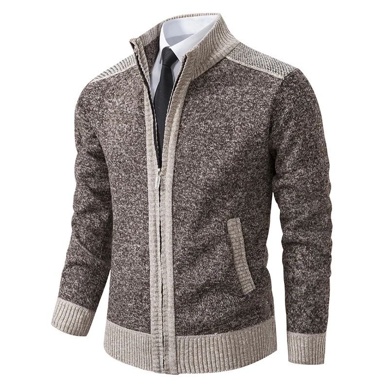 Herren Strickjacke mit Reißverschluss, Stehkragen und kontrastbesetzten Schultern Drune