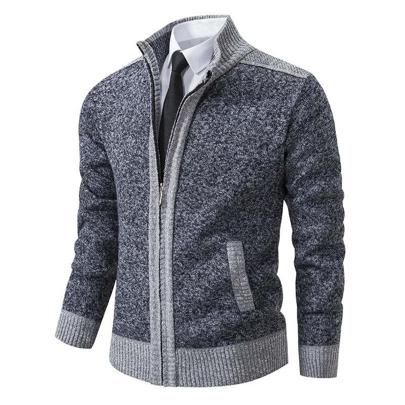 Herren Strickjacke mit Reißverschluss, Stehkragen und kontrastbesetzten Schultern Drune