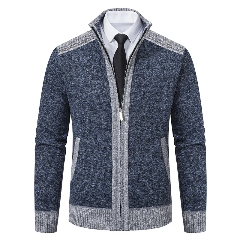 Herren Strickjacke mit Reißverschluss, Stehkragen und kontrastbesetzten Schultern Drune