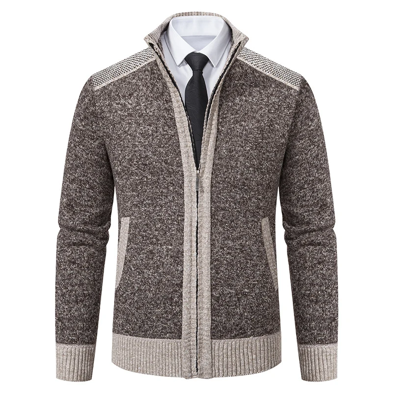 Herren Strickjacke mit Reißverschluss, Stehkragen und kontrastbesetzten Schultern Drune
