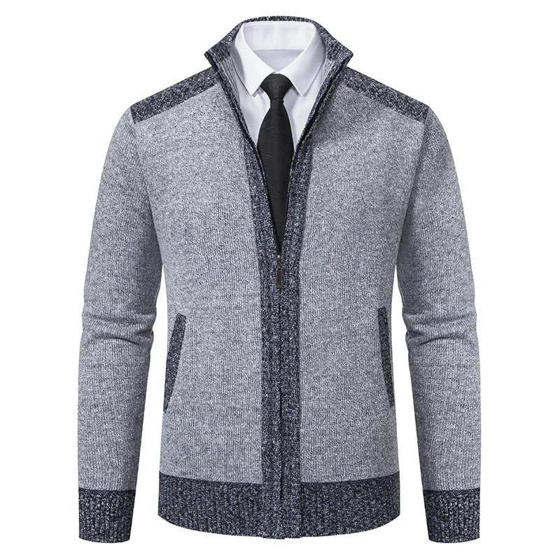 Herren Strickjacke mit Reißverschluss, Stehkragen und kontrastbesetzten Schultern Drune