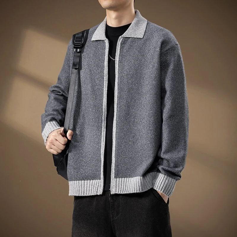 Herren Strickjacke mit durchgehendem Reißverschluss und kontrastgeripptem Saum Drune