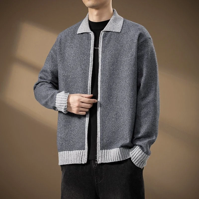 Herren Strickjacke mit durchgehendem Reißverschluss und kontrastgeripptem Saum Drune