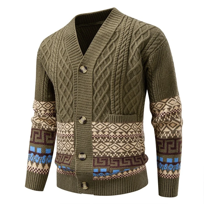 Herren Strickcardigan mit Zopfmuster, Jacquard-Bündchen und Knopfverschluss Drune