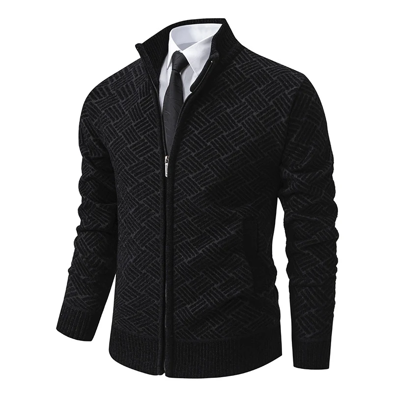 Herren Strick-Zipjacke mit geometrischem Strukturmuster und Stehkragen Drune