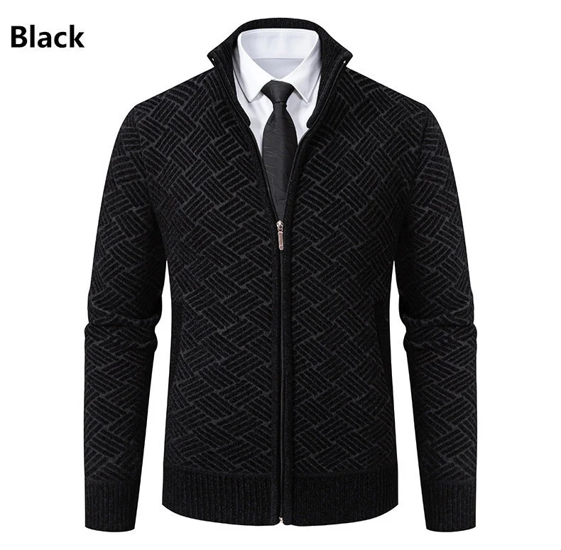 Herren Strick-Zipjacke mit geometrischem Strukturmuster und Stehkragen Drune