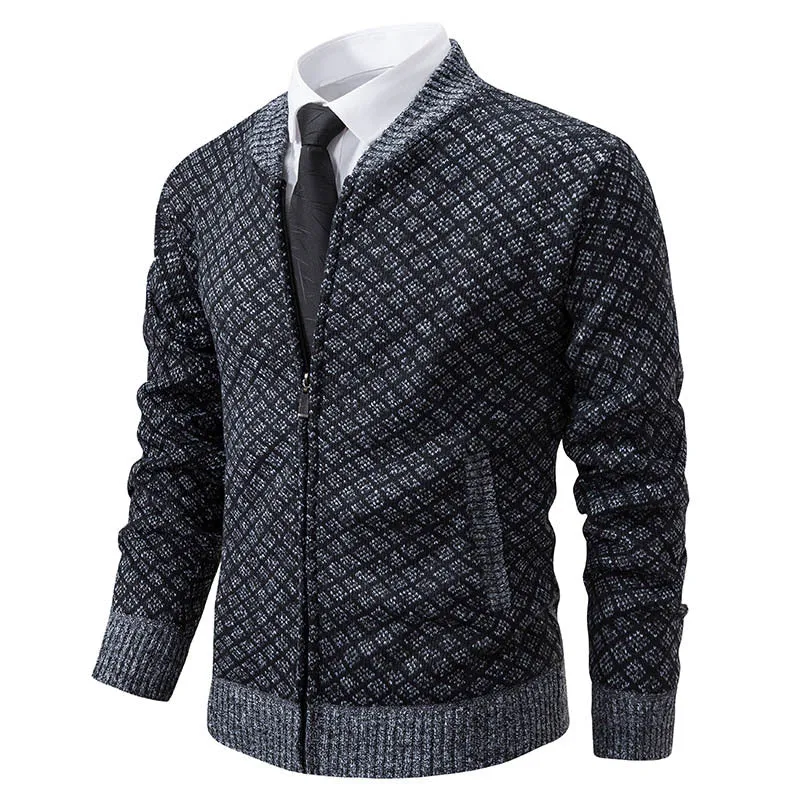 Herren Strick-Zipjacke mit feinem Jacquard‑Muster, durchgehendem Reißverschluss und geripptem Saum Drune