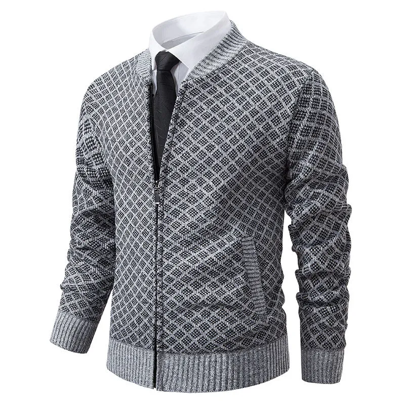 Herren Strick-Zipjacke mit feinem Jacquard‑Muster, durchgehendem Reißverschluss und geripptem Saum Drune