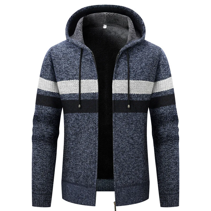 Herren Strick-Ziphoodie mit Teddyfutter, durchgehendem Reißverschluss und Blockstreifen Drune