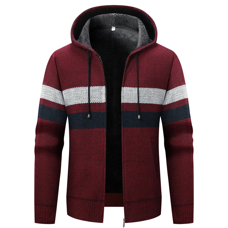 Herren Strick-Ziphoodie mit Teddyfutter, durchgehendem Reißverschluss und Blockstreifen Drune