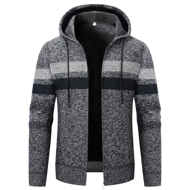 Herren Strick-Ziphoodie mit Teddyfutter, durchgehendem Reißverschluss und Blockstreifen Drune