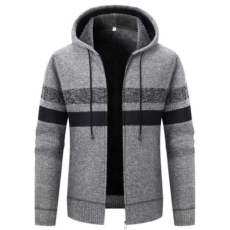 Herren Strick-Ziphoodie mit Teddyfutter, durchgehendem Reißverschluss und Blockstreifen Drune