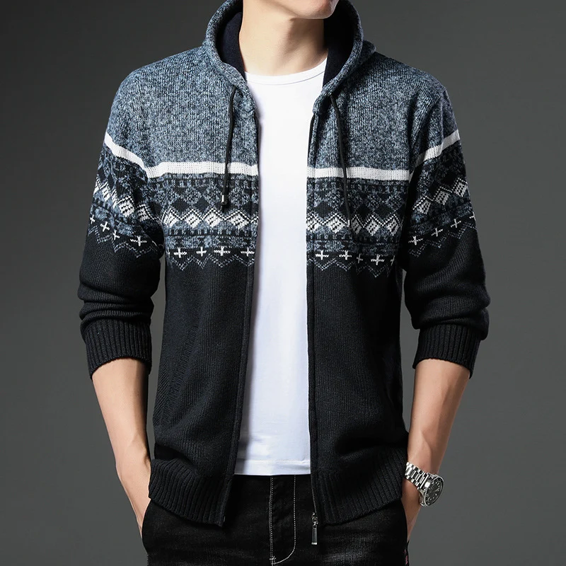 Herren Strick-Zip-Hoodie mit Norwegermuster, Kapuze und Eingrifftaschen Drune