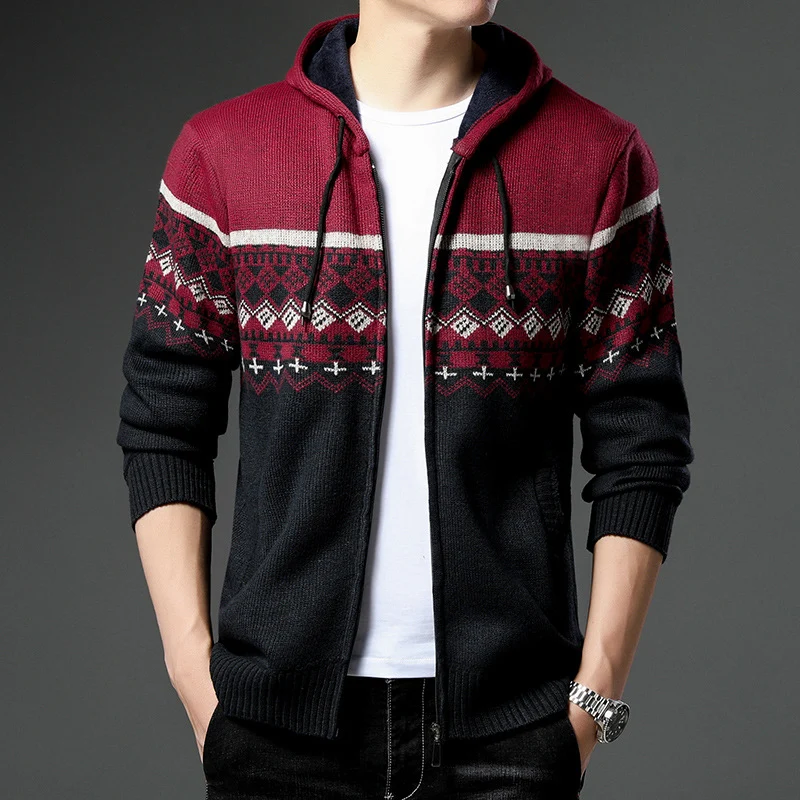 Herren Strick-Zip-Hoodie mit Norwegermuster, Kapuze und Eingrifftaschen Drune