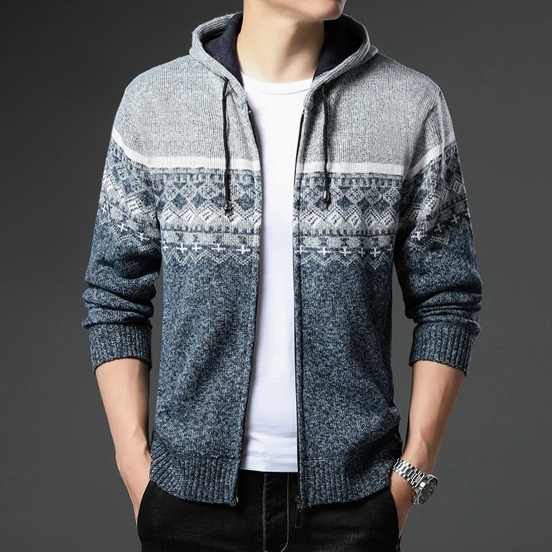 Herren Strick-Zip-Hoodie mit Norwegermuster, Kapuze und Eingrifftaschen Drune