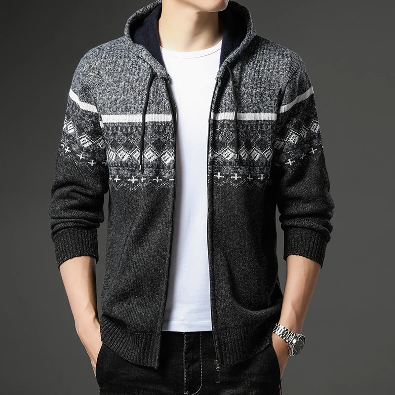 Herren Strick-Zip-Hoodie mit Norwegermuster, Kapuze und Eingrifftaschen Drune