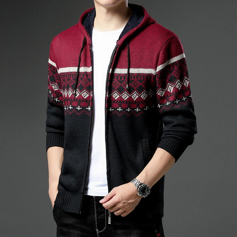 Herren Strick-Zip-Hoodie mit Norwegermuster, Kapuze und Eingrifftaschen Drune