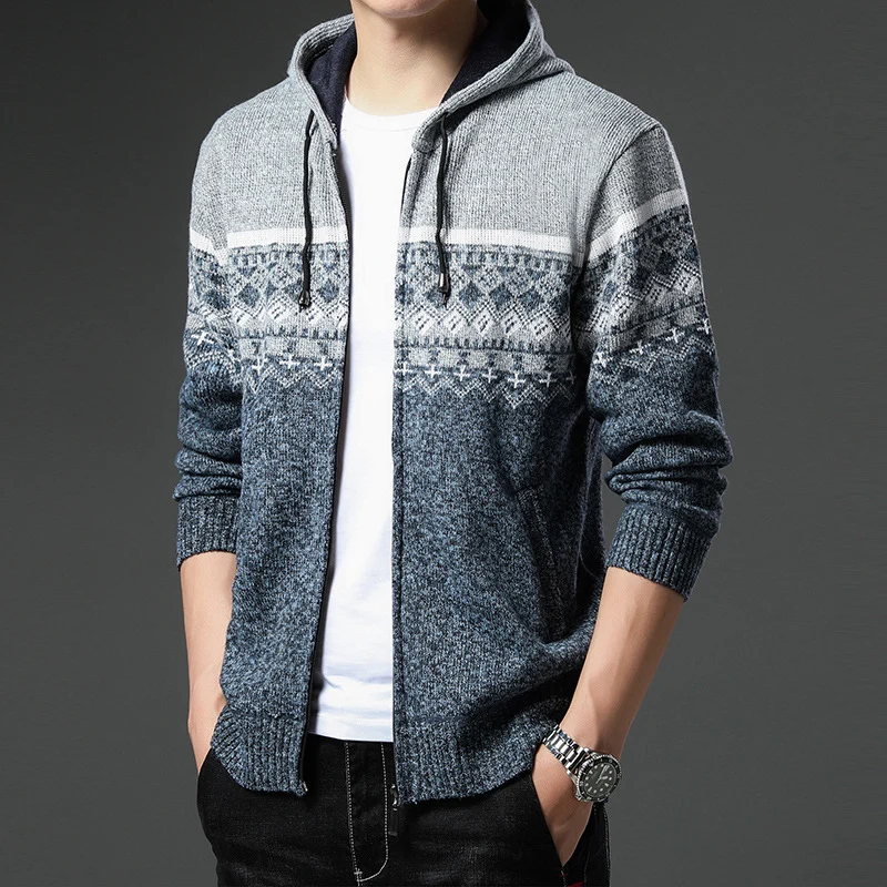 Herren Strick-Zip-Hoodie mit Norwegermuster, Kapuze und Eingrifftaschen Drune