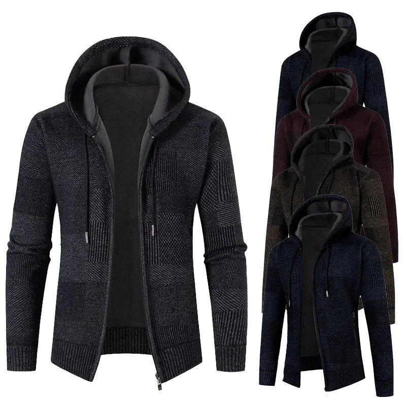 Herren Strick-Kapuzenjacke mit durchgehendem Reißverschluss, gefütterter Kapuze und strukturierter Patchwork-Optik Drune