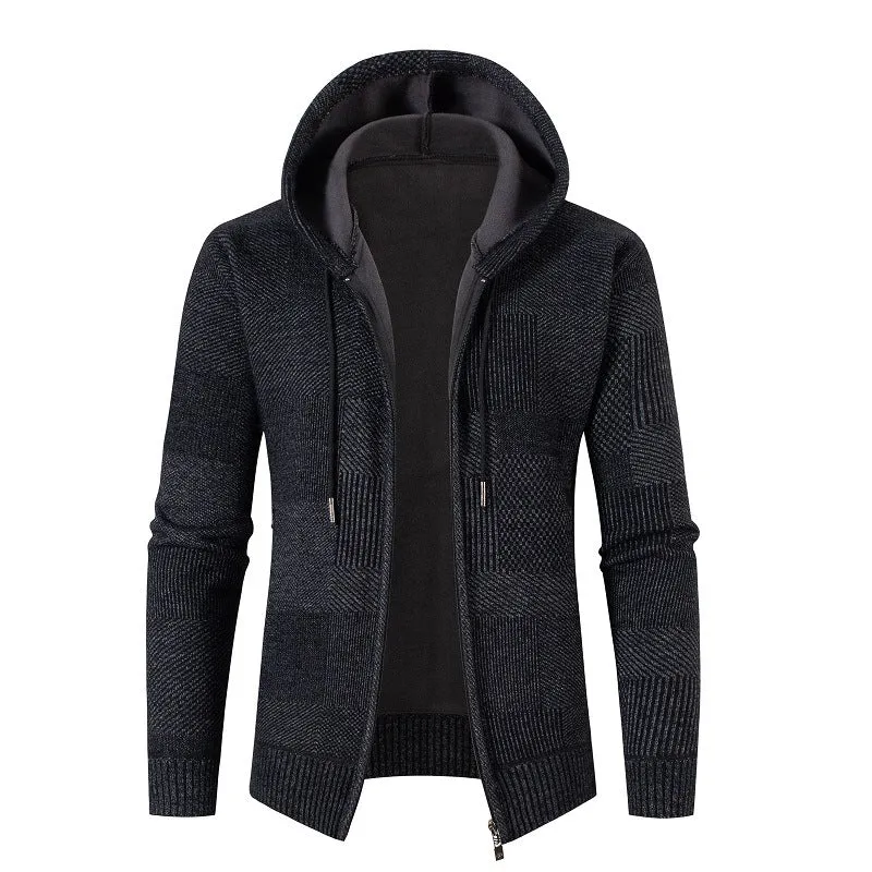 Herren Strick-Kapuzenjacke mit durchgehendem Reißverschluss, gefütterter Kapuze und strukturierter Patchwork-Optik Drune