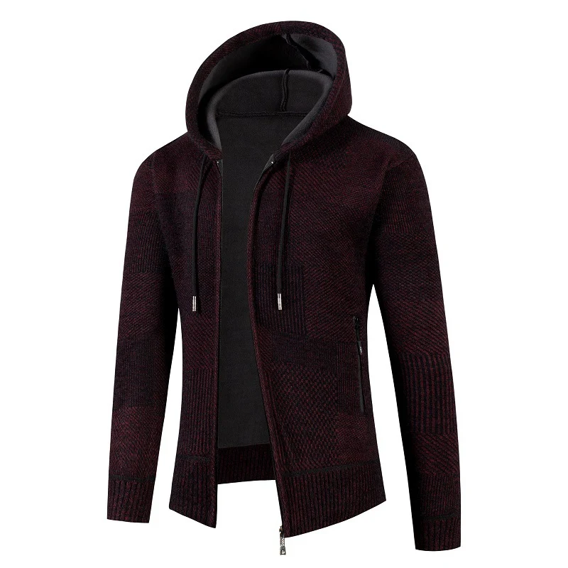 Herren Strick-Kapuzenjacke mit durchgehendem Reißverschluss, gefütterter Kapuze und strukturierter Patchwork-Optik Drune