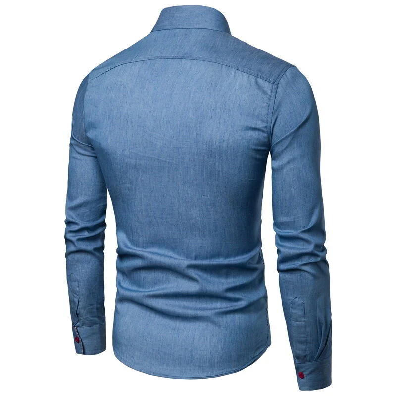 Herren Slim-Fit Stretch-Denimhemd mit Karoinnenkragen und dekorativer Brustleiste Drune