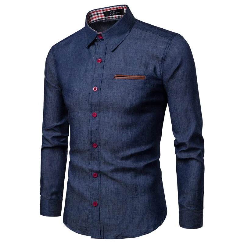 Herren Slim-Fit Stretch-Denimhemd mit Karoinnenkragen und dekorativer Brustleiste Drune