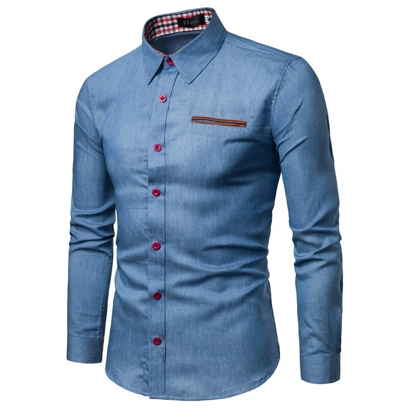 Herren Slim-Fit Stretch-Denimhemd mit Karoinnenkragen und dekorativer Brustleiste Drune