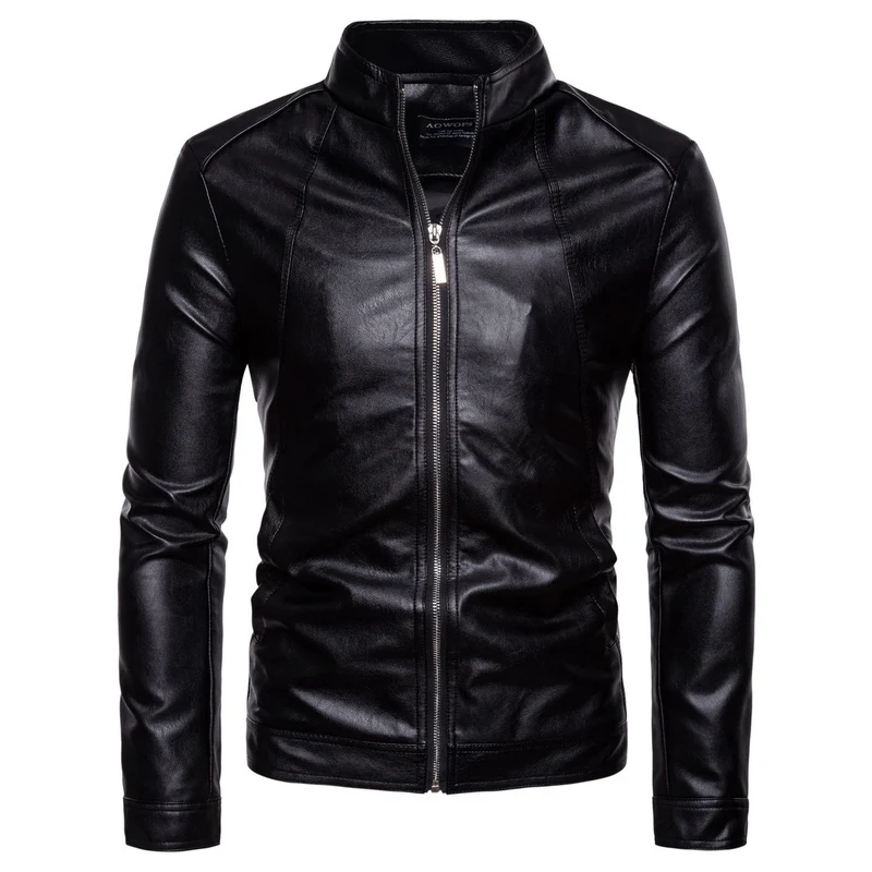 Herren Slim-Fit Lederoptik-Jacke mit Stehkragen, Ziernähten und durchgehendem Reißverschluss Drune