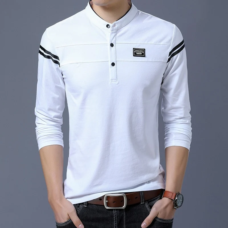 Herren Slim-Fit Langarm-Henley mit Stehkragen und Schulterstreifen Drune