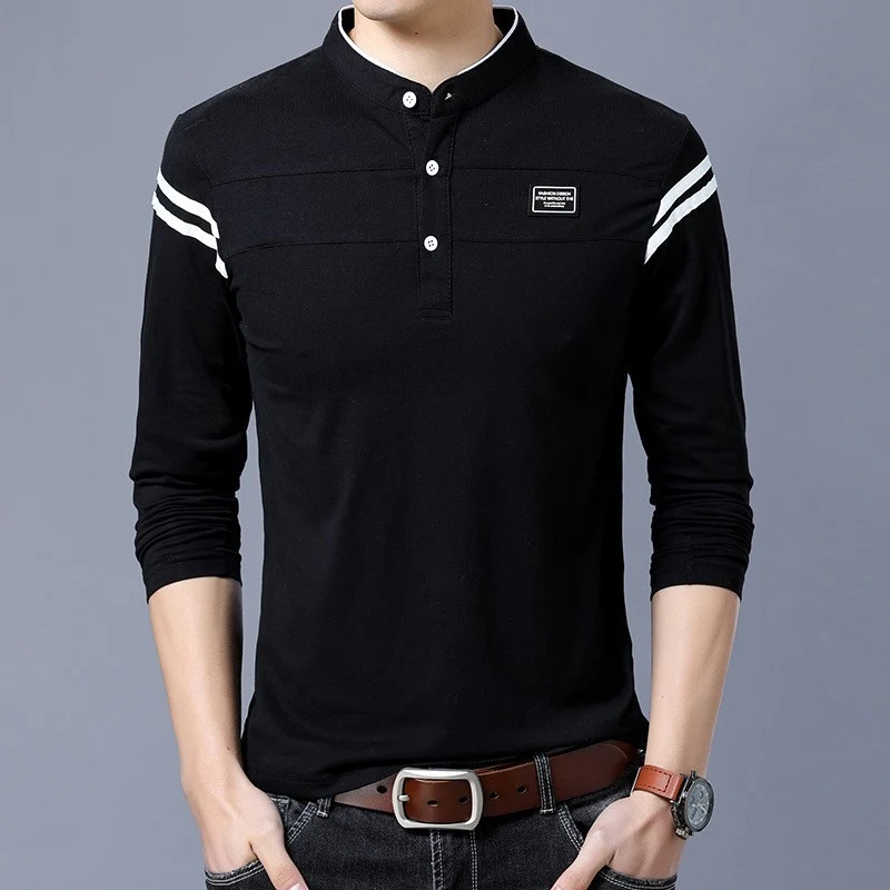 Herren Slim-Fit Langarm-Henley mit Stehkragen und Schulterstreifen Drune
